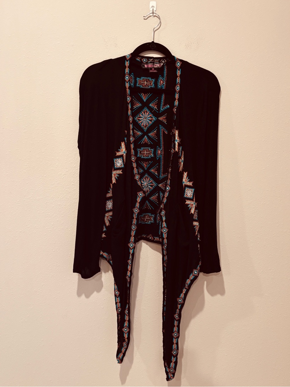 Rock & Roll Cowgirl Black Draped Cardigan Aztec Trim Boho Western Rodeo Festival